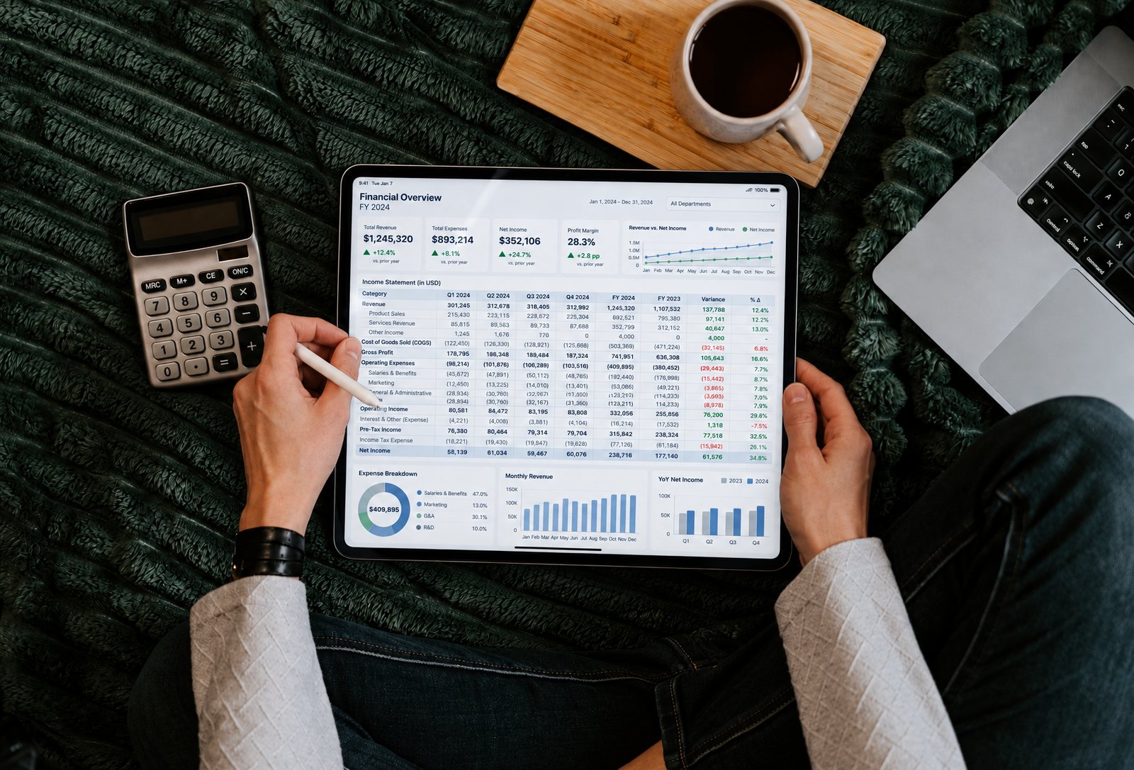 Executive reviewing a financial dashboard on a tablet beside a calculator
