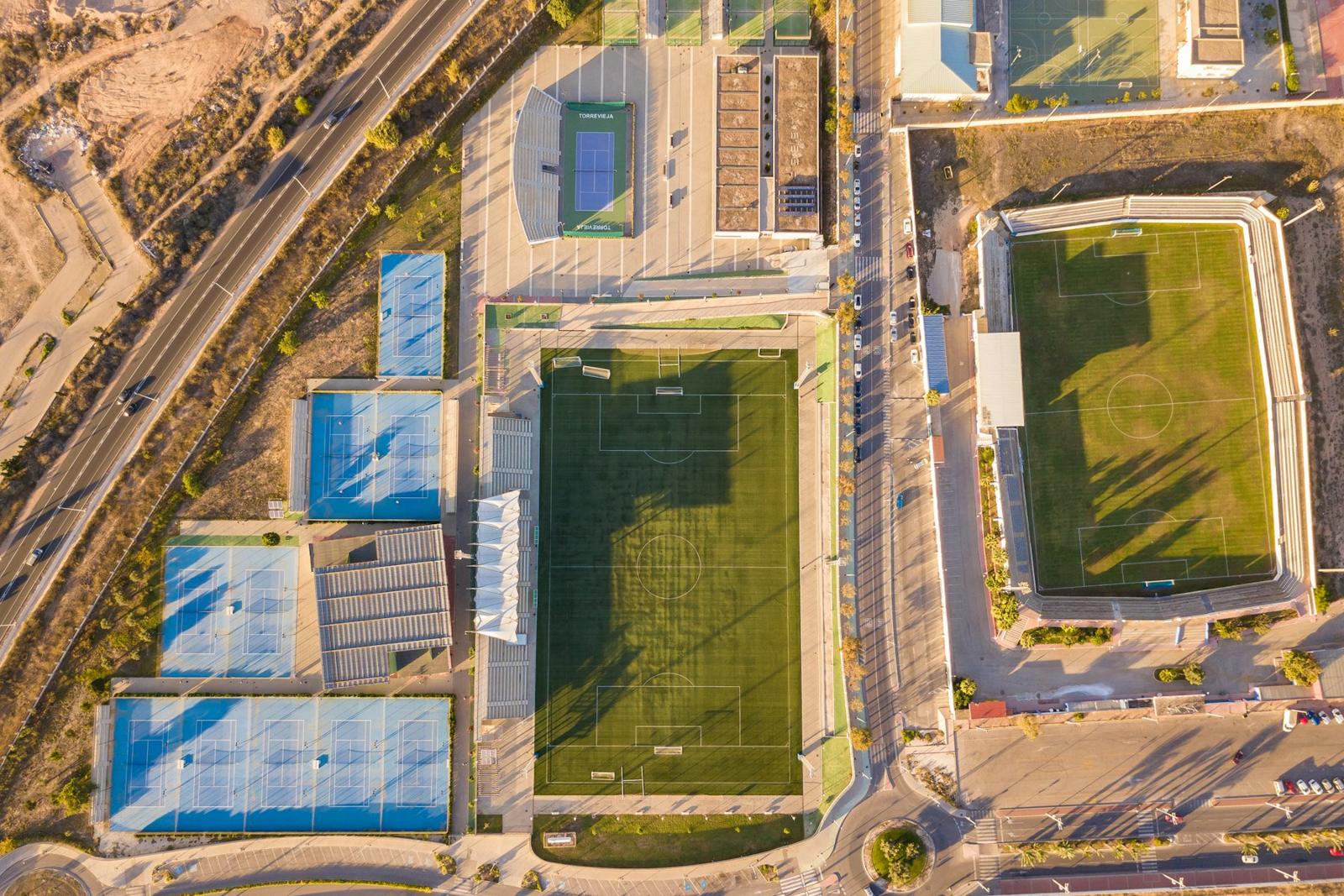 Aerial view of a multi-field sports complex