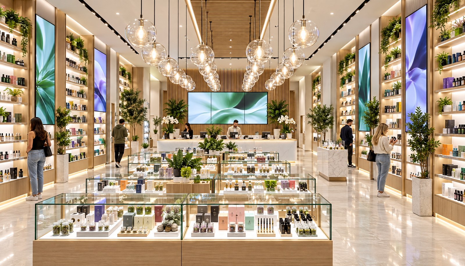 Modern flagship retail store with glass display cases, wall shelving and digital signage