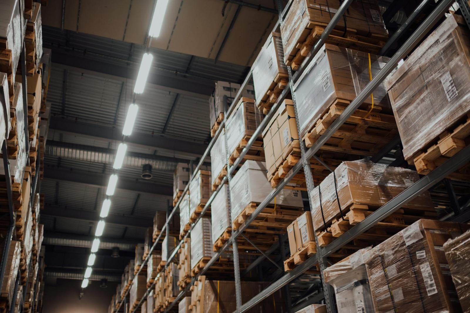 Warehouse aisle with stocked shelving